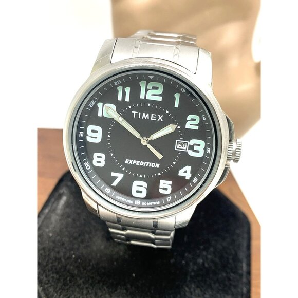 Timex Men's Watch Expedition Quartz Black Dial Date Silver Expansion Band 40mm - Picture 1 of 14